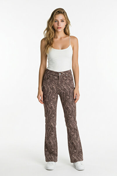 LEVURE Şal Desenli İspanyol Paçalı Kot Pantolon KAHVE