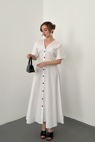 Elbee Fashion Woman Λευκό φόρεμα με κουμπιά Midi μήκος Ποπλίνα