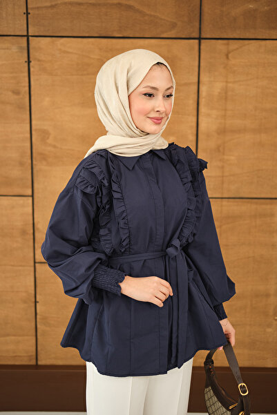 LOCCO Cămașă detaliu cu volane pentru femei, bleumarin