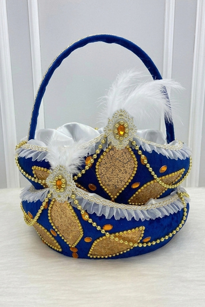 ZEYMERADE سلة وصينية ختان باللون الأزرق الداكن والذهبي، مستلزمات حفلات الزفاف...