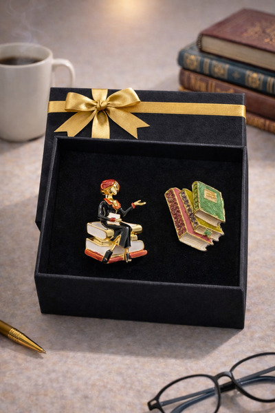 PULİNİN DÜKKANI Kitap Temalı Broş Seti – Kitap Okuyan Kadın ve Kitap Figürlü ...
