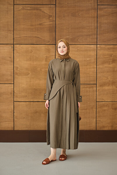 LOCCO Women's Pleated Belt Tie-Detail Buttoned Dress Khaki Green