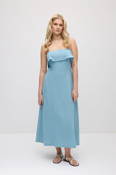 Gusto Askılı Önü Volanlı Uzun Pamuk Keten Elbise - Mavi