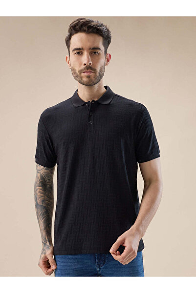 STATUS QUO Textured Regular Fit Black Polo T-shirt