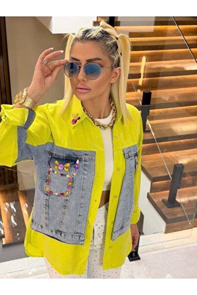 Kokoşum Butik 2546 Cep Jean Taşlı Gömlek Yeşil