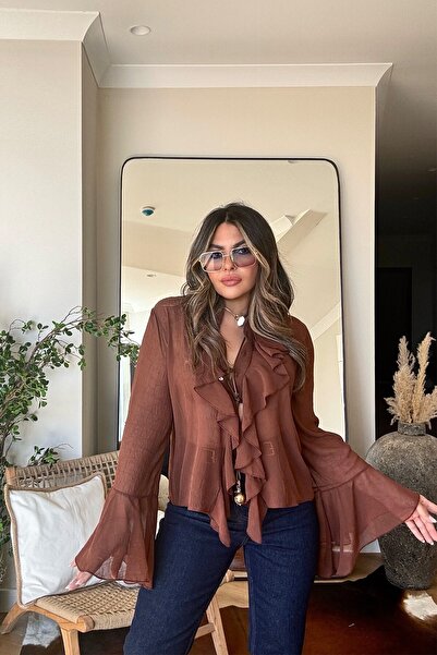 Sohotique By P Ruffled Textured Chiffon Shirt Brown