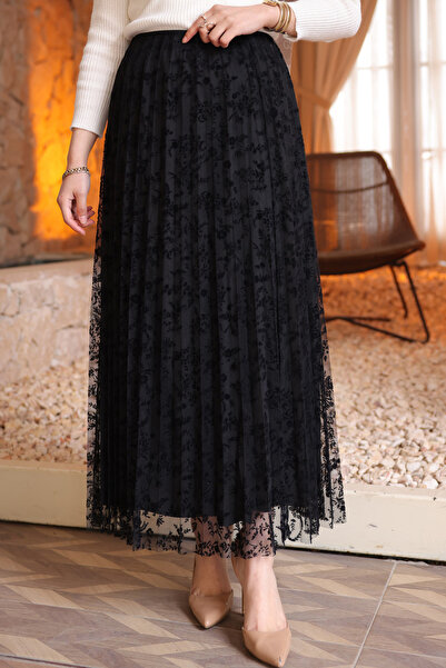 İmajButik تنورة سوداء مطوية من قماش الفلوك مطبوع مبطنة تول