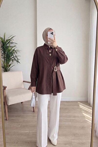 HİFADEN Kadın Gold Düğme Detaylı Kuşaklı - Kuşağı Toka Detaylı Uzun Kollu Tes...