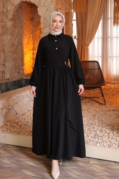 İmajButik فستان أسود بـ بأربطة أكمام مطاطية