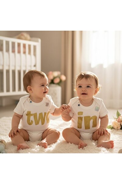 Baby&Baby Tw-İn Gold İsim Ba Printed a Cotton Unisex Snap Fastener Twin Baby ...