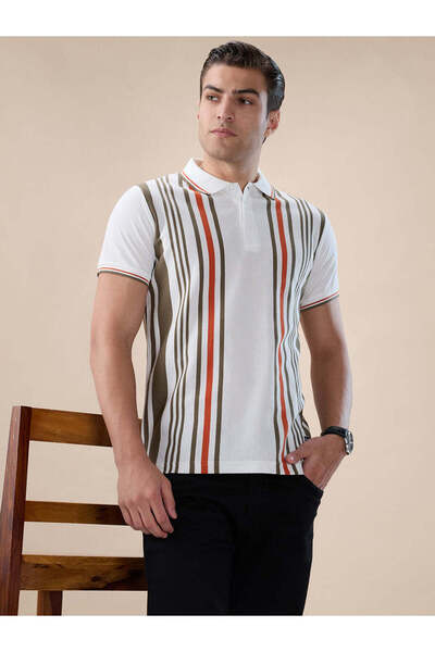 STATUS QUO Striped Contrast Tipping Regular Fit White Polo T-shirt