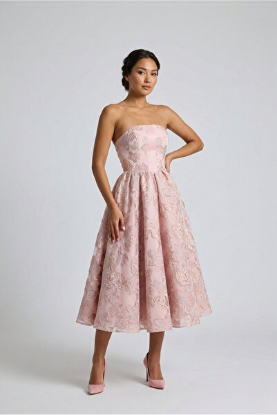 Tangül&Ali'S Moda Evi Straplez Pembe Desenli Organze Midi Elbise