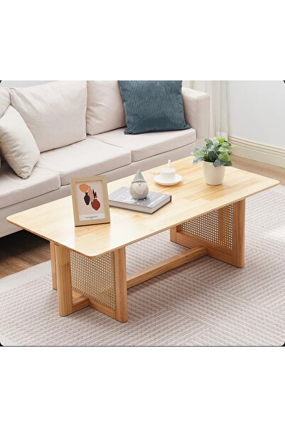 Simy Doğal Ahşap Rattan Detaylı Orta Sehpa – Modern İskandinav Tasarım Dikdör...