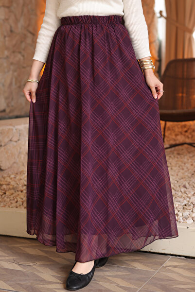 İmajButik Plum Waist Elastic Lined Chiffon Skirt