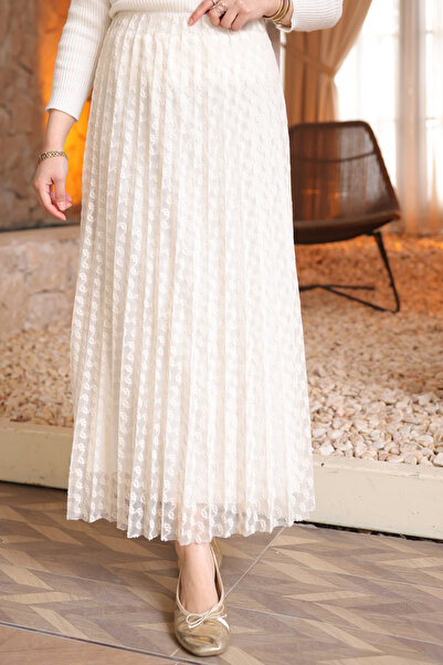 İmajButik Fusta din tul plisată crem cu imprimeu cu căptușeală cu aplicații G...