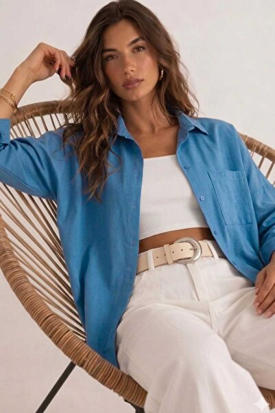 blackbonds Kadın Keten İNDİGO Gömlek Yazlık Oversize Gömlek Yeni Sezon
