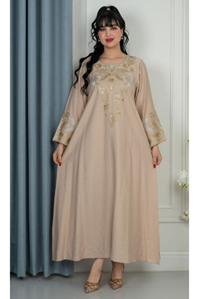 Nice Model جلابية قطن مطرّز بالذهب، فستان ماكسي أنيق بأكمام طويلة للنساء، منا...