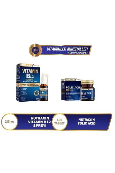 Nutraxin Vitamin B12 Sprey 15 ml Metilkobalamin Formlu – Folic Acid 400 Mcg 1...