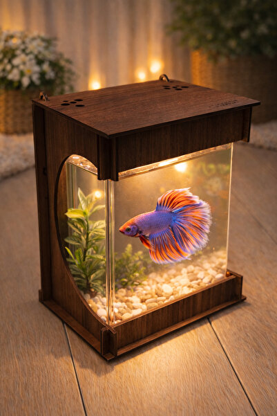 EMSE Beta Mini Ledli ışıklı Akvaryum Ahşap Tasarım Kahverengi Hediyelik Kişiy...