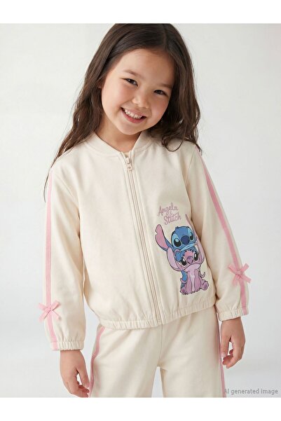 LC Waikiki Stitch and Angel Printed Girls' Zippered Sweatshirt