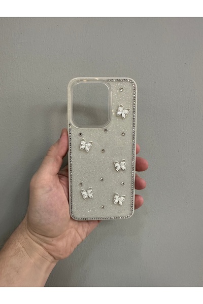 YZGOLDEN REDMİ 15C 4G UYUMLU KREM SİMLİ KELEBEK FİGÜRLÜ TELEFON KILIFI