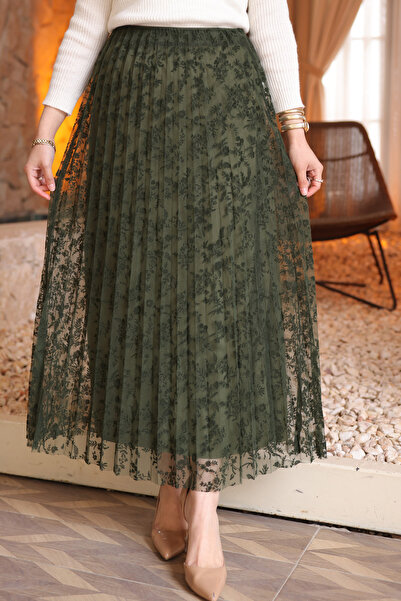 İmajButik Fusta verde plisată din material flocat cu imprimeu cu căptușeală tul