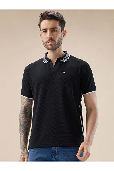 STATUS QUO ذو ملمس بارز بولو أسود بقصة عادية ونسيج وافل