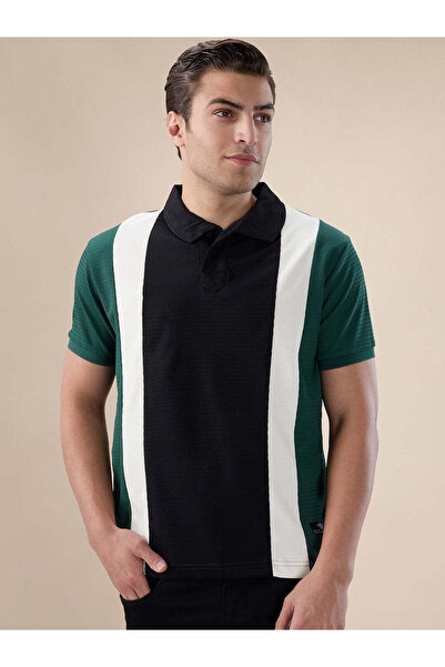 STATUS QUO Colorblock Textured Regular Fit Black Polo T-shirt