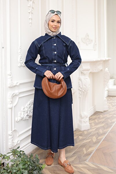 İmajButik Σετ τζιν μπουφάν και φούστα σε μπλε ναυτικό χρώμα με κουμπιά