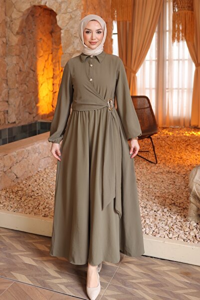 İmajButik Khaki Yan Tie-Detail Sleeve Elastic Dress