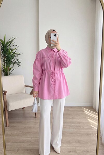 HİFADEN Women's Waist Tunnel Belted Shirt Collar Buttoned Hijab Shirt