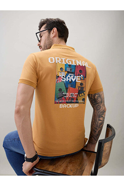 STATUS QUO Puff Graphic Back Print Gold Polo T-shirt