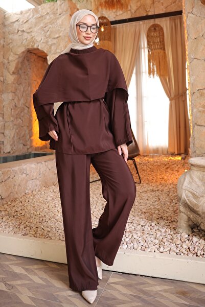 İmajButik Brown Shawl Detailed Tunic Trouser Suit