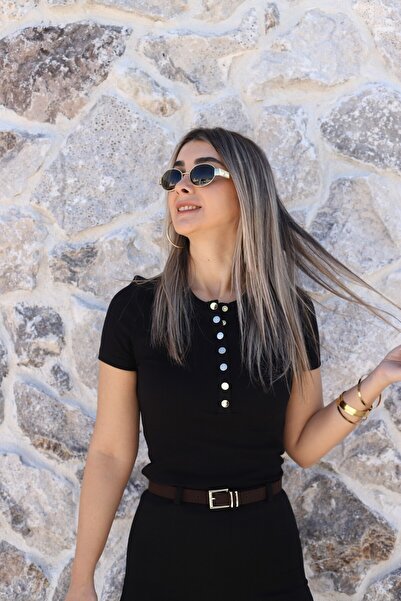 bytugcekaya Black short sleeve button-up blouse