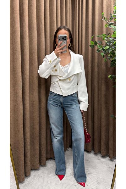 Maysa Gold Buttoned V Shoulder Pad I C Cropped Jacket