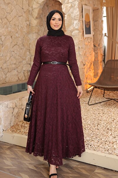 İmajButik Mürdüm Bel Belt Pcs Lace Pcs Tulle Dress