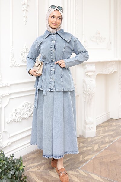 İmajButik Blue Buttoned Denim Jacket Skirt Set