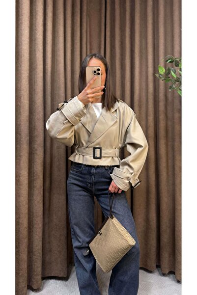 Maysa Beige Belt Piece Short Trench Coat
