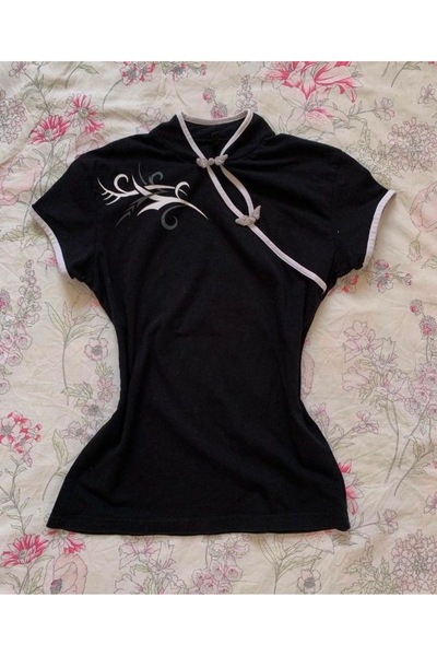 DEEFWEAR Guler chinezesc alb cu motive florale, cu dungi, vintage Y2K, cu mân...