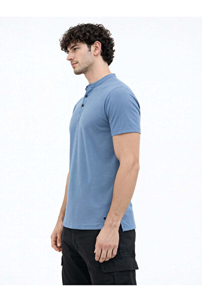 STATUS QUO Solid Henley Neck Regular Fit Slate Blue T-shirt