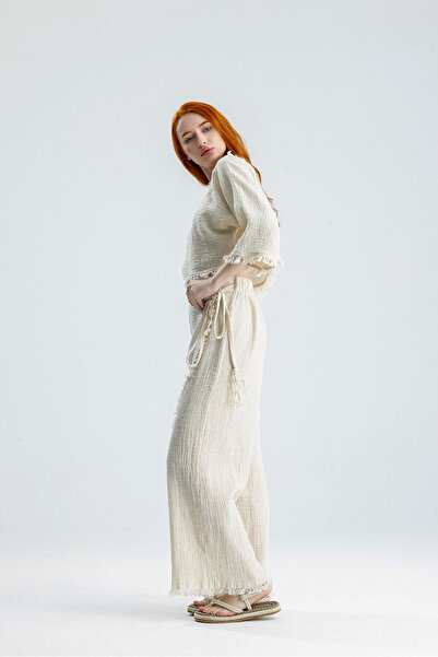 Lorenzella Bohemian 100% Cotton Muslin Skirt and Trousers Set Cropped with Bl...