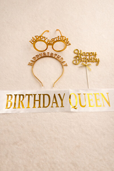 PARTİPORT Birthday Queen Doğum Günü Seti Gold Taç Gözlük Kuşak Pasta Süsü 4 P...