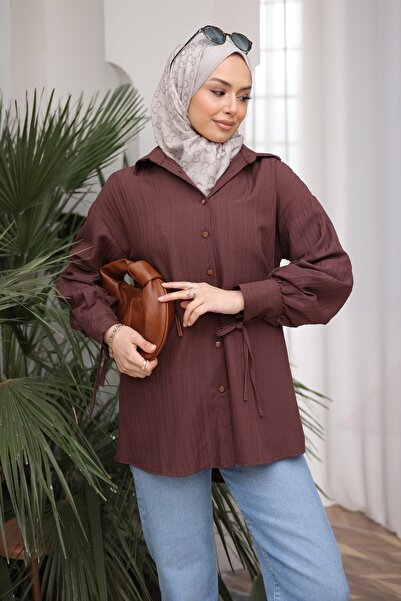 İmajButik Brown Sleeve Tie-Detail Button Shirt