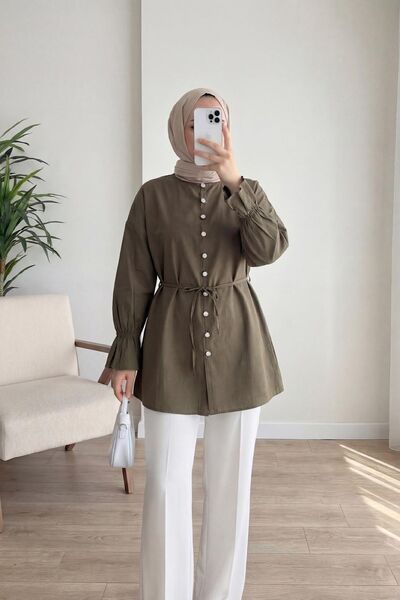 HİFADEN Women's Button Detailed Waist-Tie Hem-Cuff Gathered Hijab Shirt