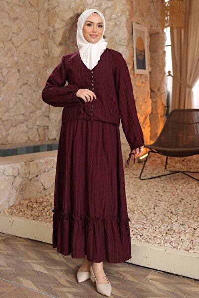 İmajButik Plum Buttoned Shirt and Skirt Set