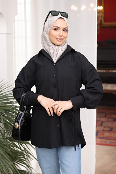 İmajButik Black Sleeve Tie-Detail Button Shirt