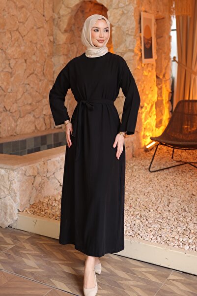 İmajButik Rochie neagră din raion cu curea în talie Tencel