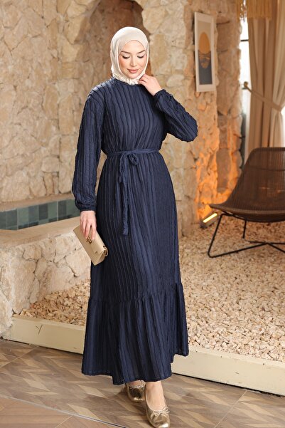 İmajButik Rochie gofre albastru marin cu mâneci elastice și curea