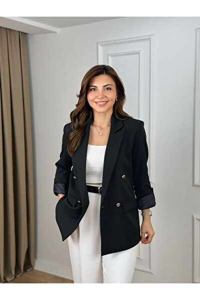 WOMKA Women's Double-Breasted Collar Folded Sleeve Blazer Jacket