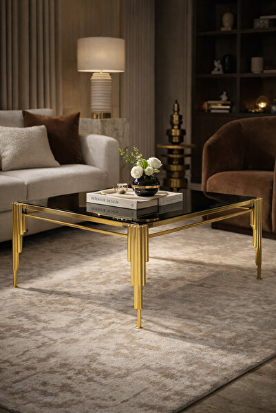 çelsan Kare Sütun Model Metal Ayaklı Orta Sehpa – 70 × 90 cm – Gold – Siyah C...